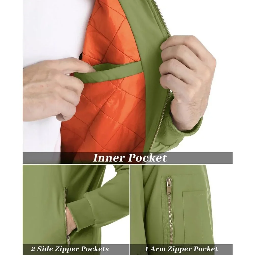 Men's Bomber Jacket Casual Green Winter Warm Coats Zipper Pocket Design Outwear